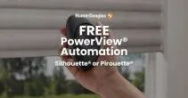 Close-up of a hand holding a remote control in front of window blinds, promoting PowerView automation for Silhouette or Pirouette shades.