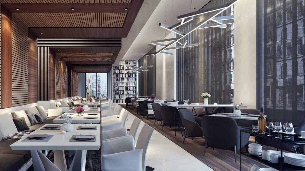 Elegant black and white commercial blinds providing privacy and light control in a contemporary dining space. Perfect for restaurants, cafes, and hospitality venues.